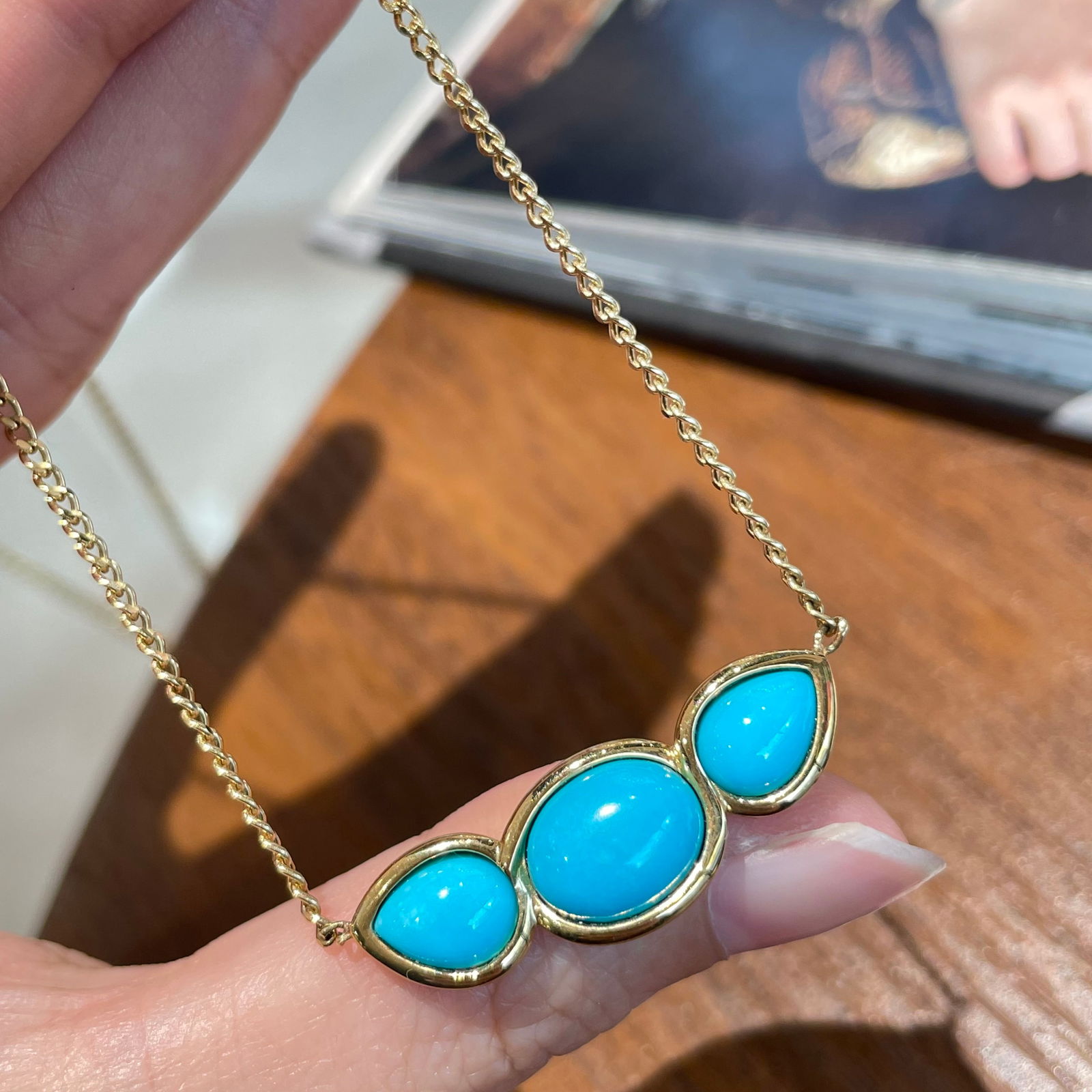 14k Gold 5 Ct Natural Blue Turquoise Necklace: Ref:231122228 // gold content:14k gold // main gemstone:blue turquoise // shape:multiple // carat weight:5ct // color:blue // treatment:natural // Condition: NewLow Estimate: 6000.00High Estimate: