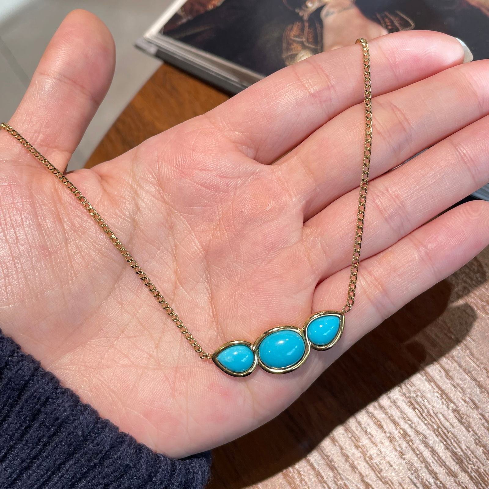 14k Gold 5 Ct Natural Blue Turquoise Necklace - 3