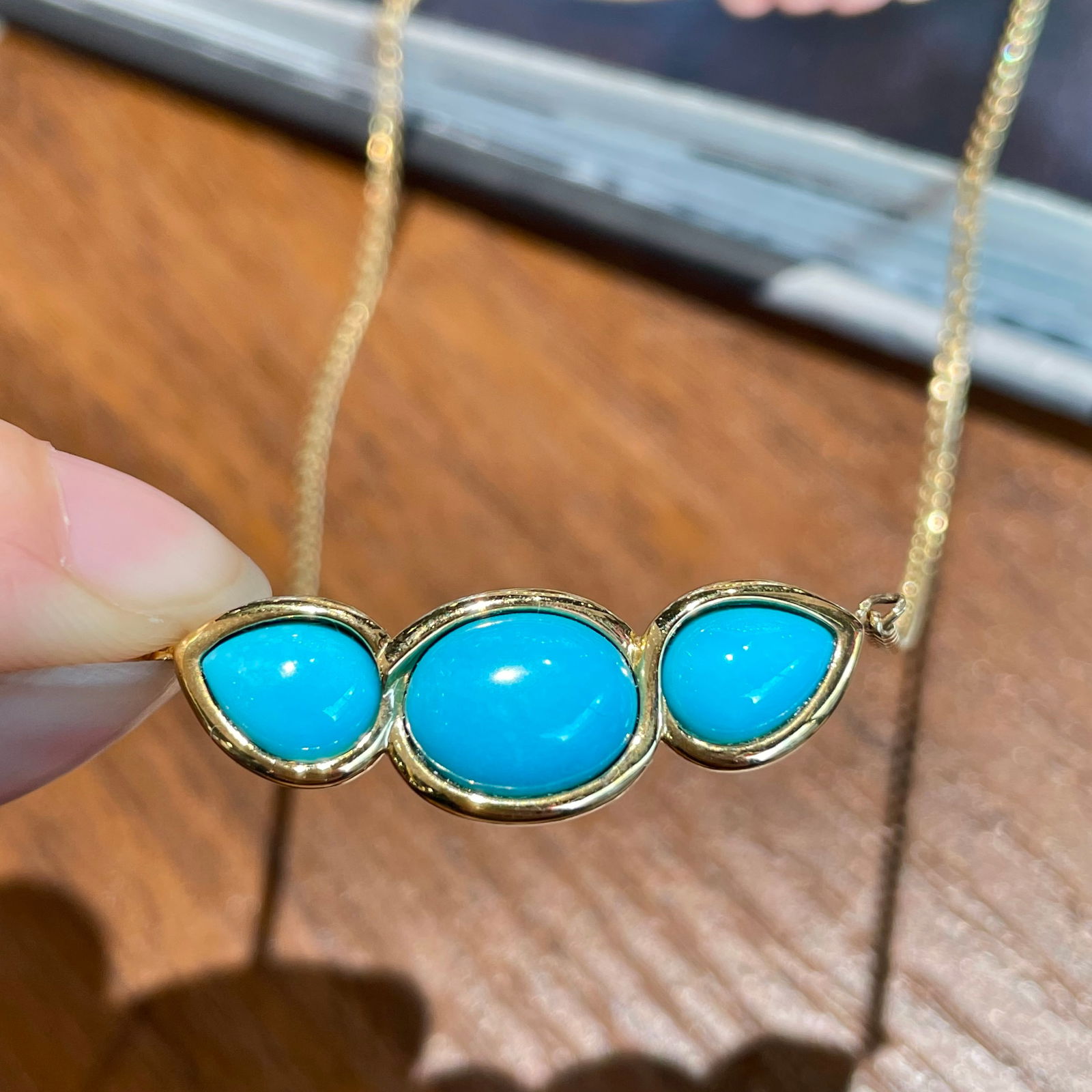 14k Gold 5 Ct Natural Blue Turquoise Necklace - 5