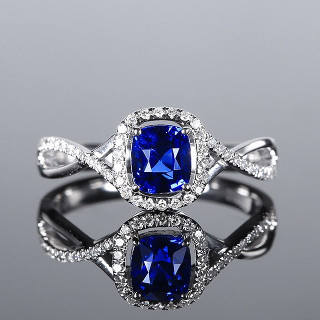 14k Gold 1.24 Ctw Natural Sapphire & Diamond Ring: Ref:231122273 // gold content:14k gold // ring size:7. 25us // // main gemstone:sapphire // shape:cushion // carat weight:1. 06ct // color:blue // treatment:natural // // adjacent gemstone 2 : diamond