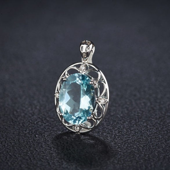 14k Gold 5.57 Ct Natural Aquamarine & Diamond Pendant( Without Chain ) - 3