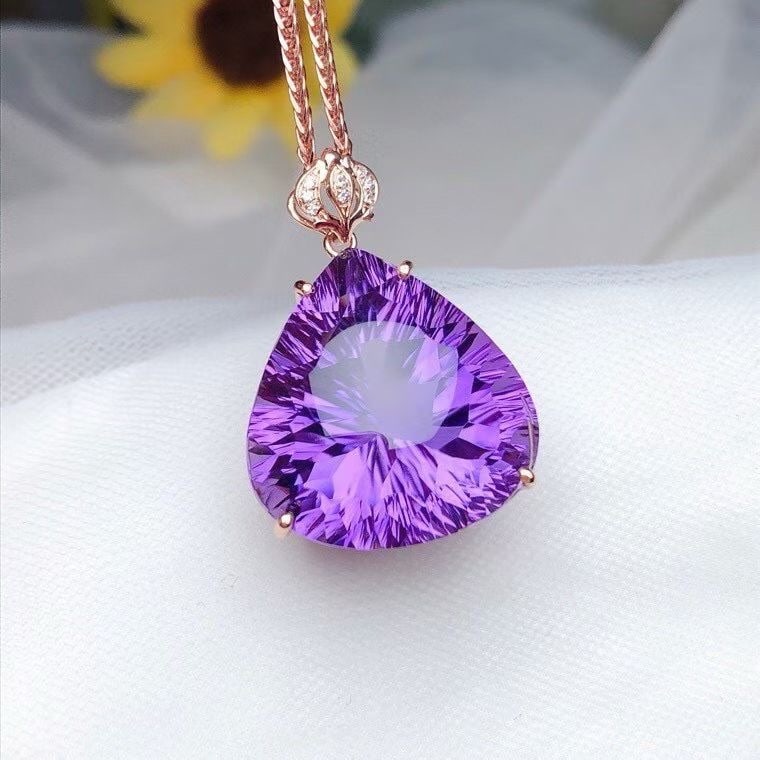14k Gold 21.00 Ct Natural Amethyst & Diamond Pendant( Without Chain ) - 2