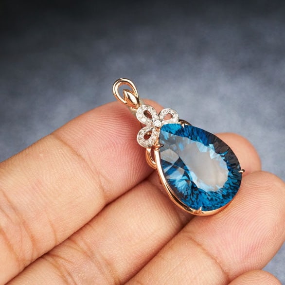 14k Gold 17.35 Ct Natural Topaz & Diamond Pendant( Without Chain ) - 8