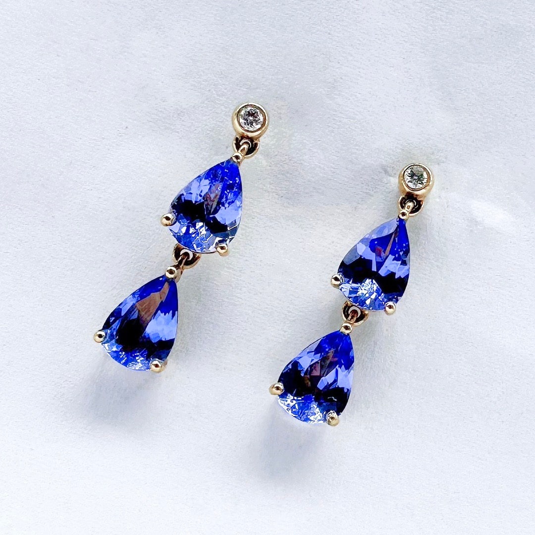 14k Gold 2 Ct Natural Tanzanite & Diamond Earrings - 2