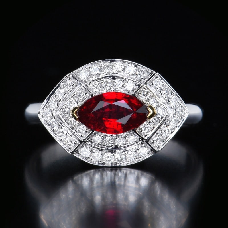14k Gold 1.39 Ctw Natural Ruby & Diamond Ring: Ref:231122296 // gold content:14k gold // ring size:7. 25us // // main gemstone:ruby // shape:marquise // carat weight:1. 1ct // color:pigeonblood red // treatment:natural // // adjacent gemstone 2 :