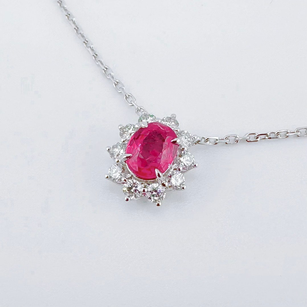 14k Gold 1.60 Ctw Natural Ruby & Diamond Necklace: Ref:231122303 // gold content:14k gold // main gemstone:ruby // shape:oval // carat weight:1. 10ct // color:red // treatment:natural // // adjacent gemstone 2 : diamond // shape:round // carat weight: