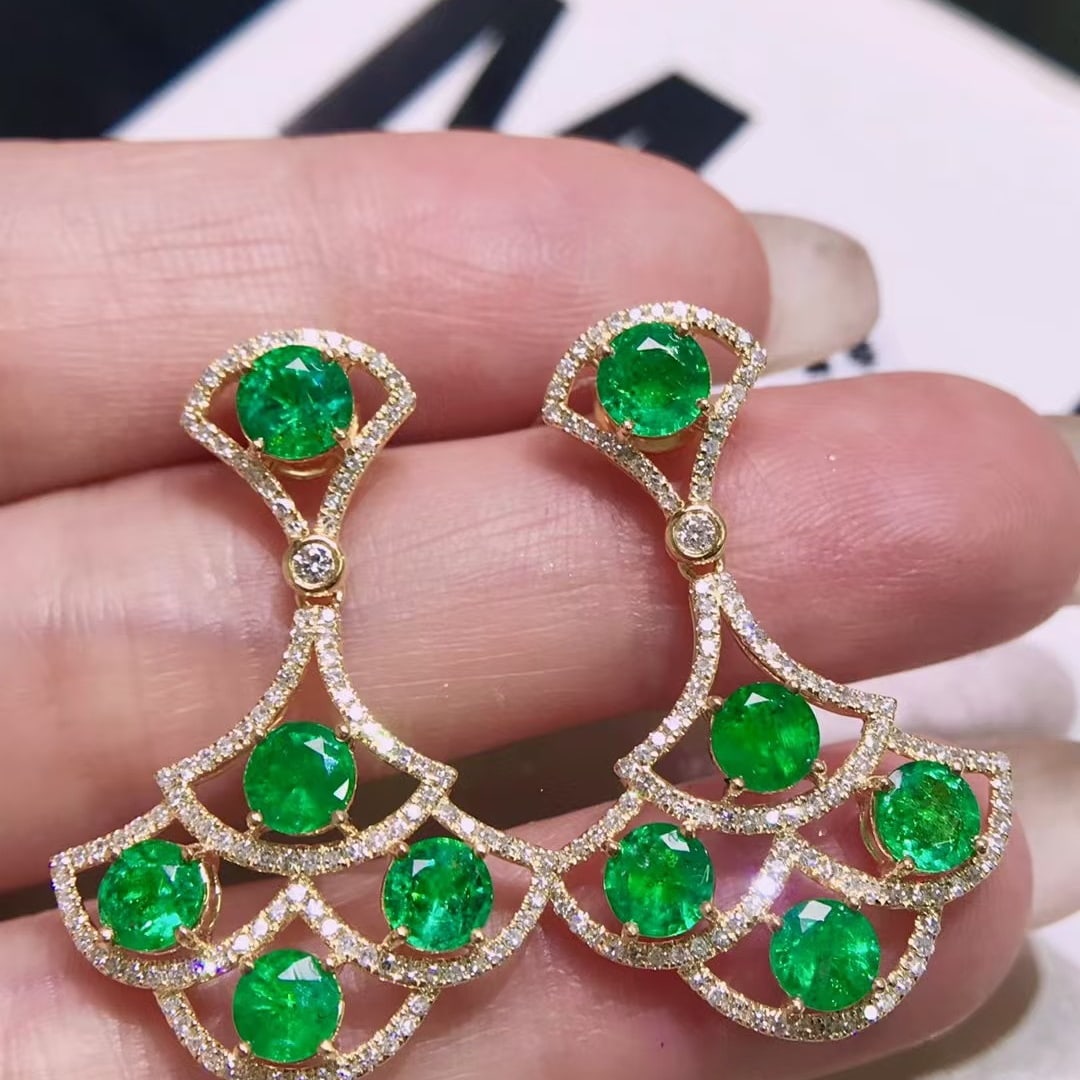 14k Gold 4.34 Ctw Natural Emerald & Diamond Earrings - 2