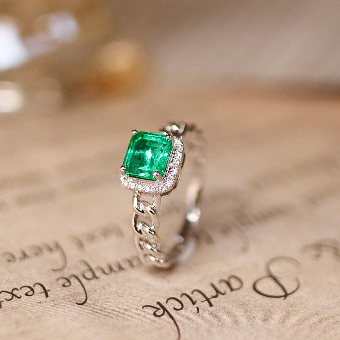 14k Gold 1.24 Ctw Natural Emerald & Diamond Ring: Ref:231122348 // gold content:14k gold // ring size:7. 25us // // main gemstone:emerald // shape:octagonal // carat weight:1. 12ct // color:green // treatment:natural // // adjacent gemstone 2 : diamo