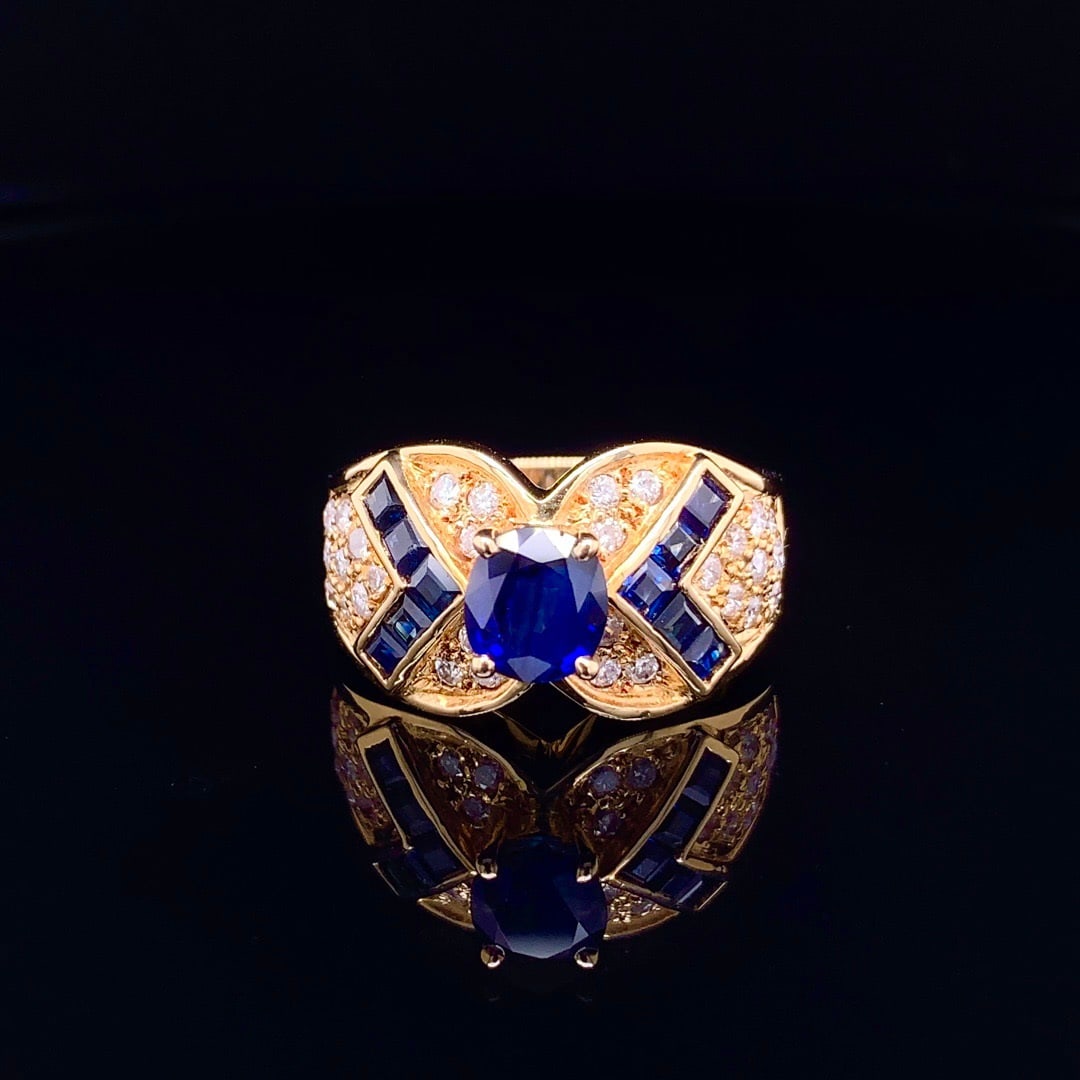 14k Gold 2.01 Ctw Natural Sapphire & Sapphire Ring: Ref:231122350 // gold content:14k gold // ring size:7. 25us // // main gemstone:sapphire // shape:oval // carat weight:1. 21ct // color:royal blue // treatment:natural // // adjacent gemstone 2 : sapp