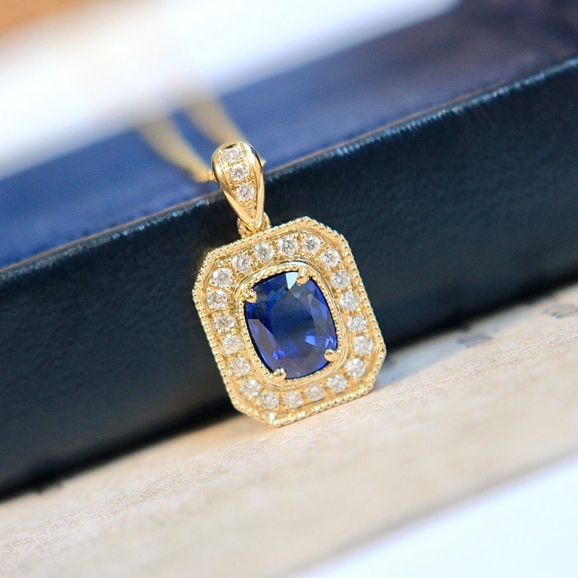 14k Gold 1.18 Ctw Natural Sapphire & Diamond Pendant( Without Chain ) - 2
