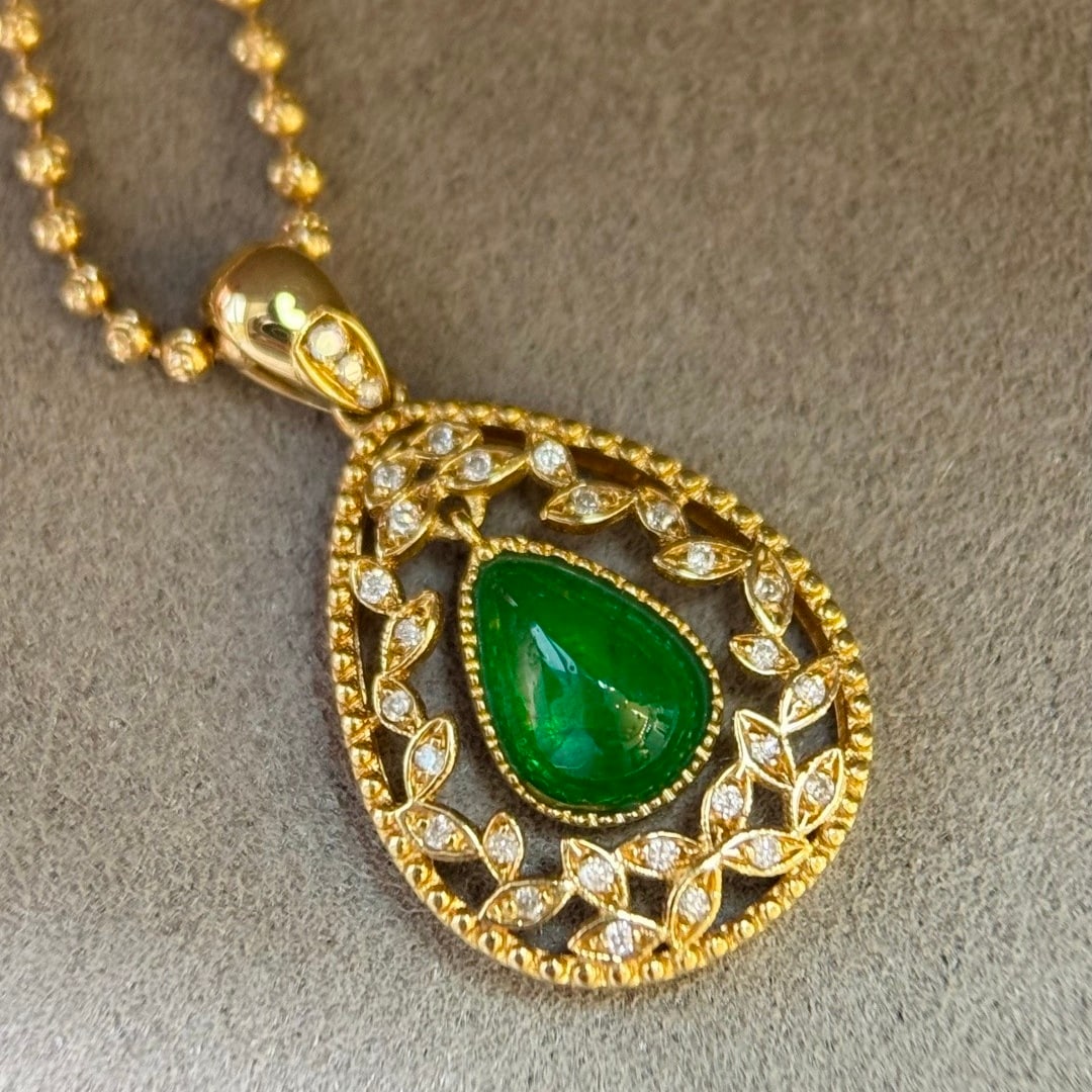 14k Gold 0.92 Ct Vivid Green Natural Emerald & Diamond Pendant( Without Chain ) - 2