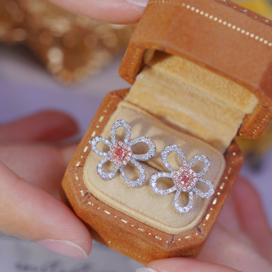 14k Gold 0.8 Ct Natural Color Diamond & Flowers Earrings - 3