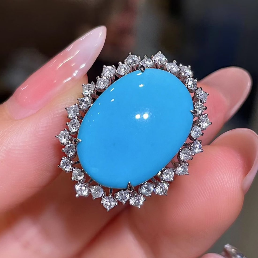 14k Gold 7.64 Ctw Natural Blue Turquoise & Diamond Ring - 2