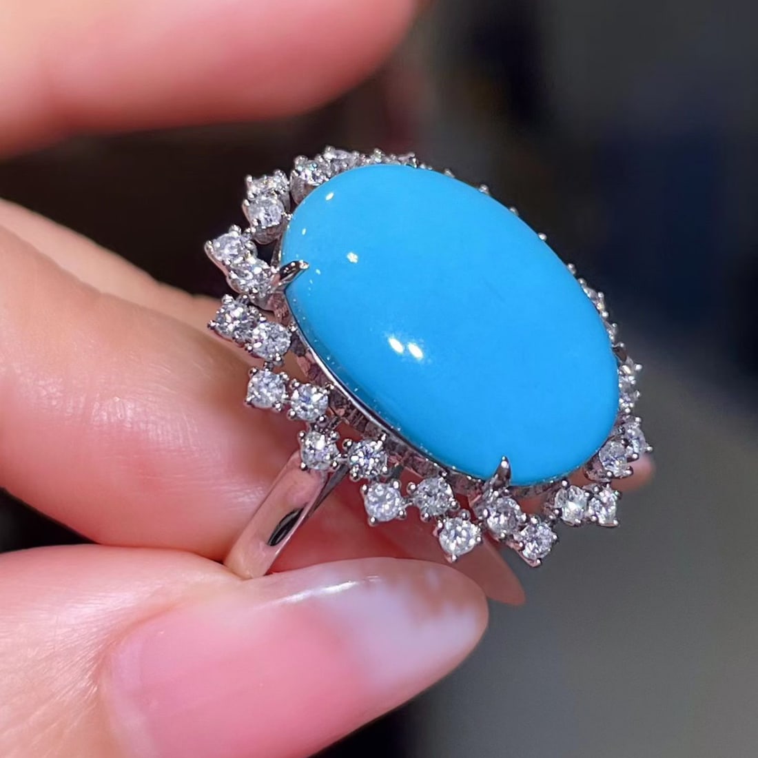 14k Gold 7.64 Ctw Natural Blue Turquoise & Diamond Ring - 3