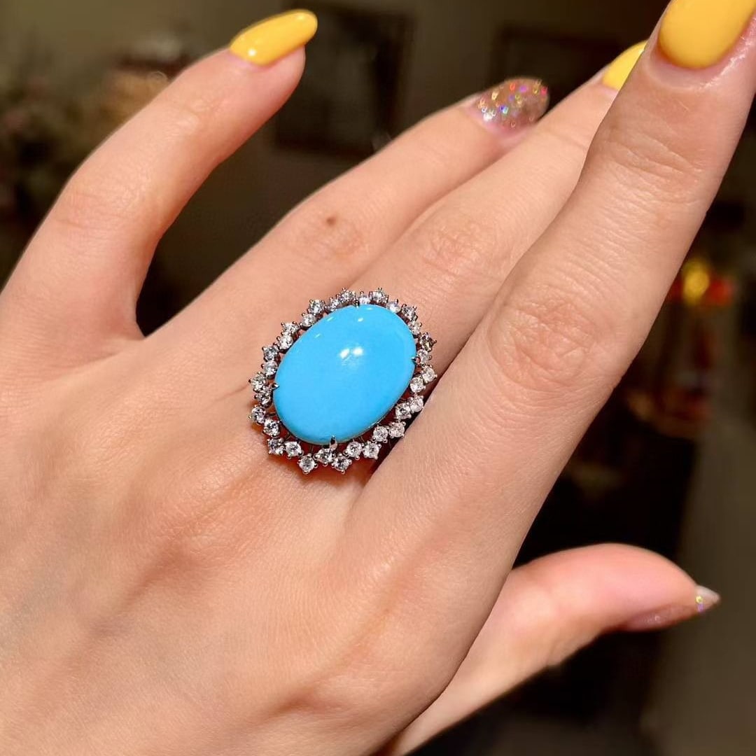 14k Gold 7.64 Ctw Natural Blue Turquoise & Diamond Ring - 4