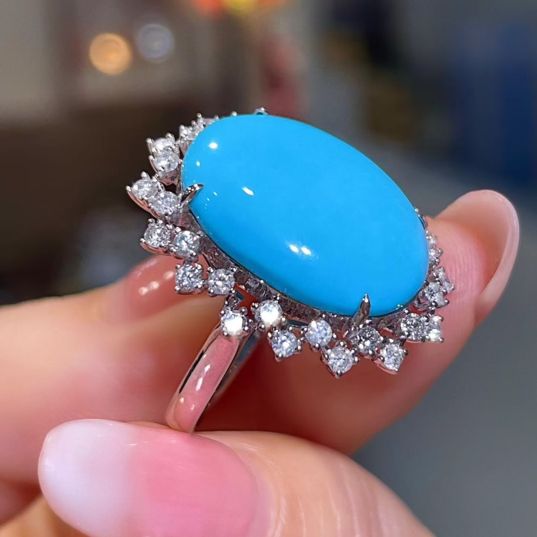 14k Gold 7.64 Ctw Natural Blue Turquoise & Diamond Ring - 6