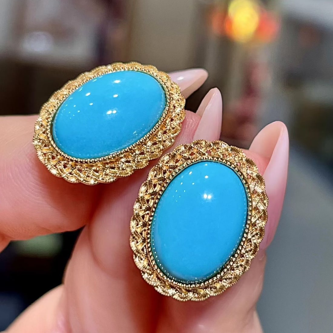 14k Gold 8.86 Ct Natural Blue Turquoise Earrings - 3