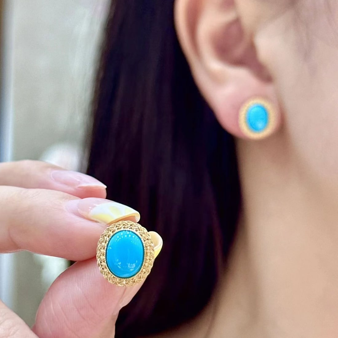 14k Gold 8.86 Ct Natural Blue Turquoise Earrings - 4