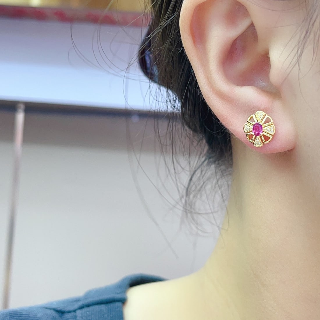 14k Gold 0.75 Ct Natural Ruby & Diamond Earrings - 2