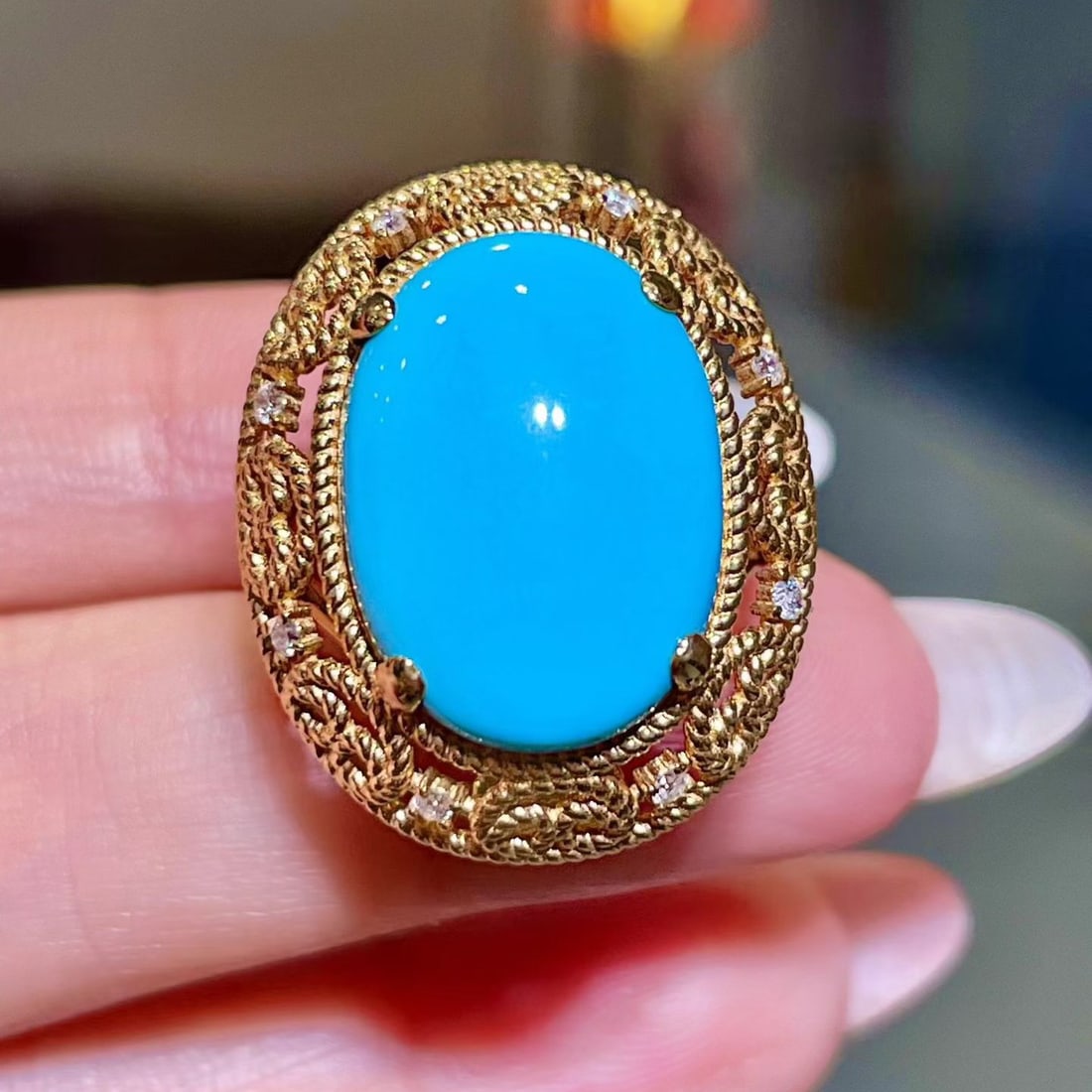 14k Gold 8.22 Ctw Natural Blue Turquoise & Diamond Ring: Ref:231122386 // gold content:14k gold // ring size:7. 25us // // main gemstone:blue turquoise // shape:oval // carat weight:8. 10ct // color:blue // treatment:natural // // adjacent gemstone 2 : diam