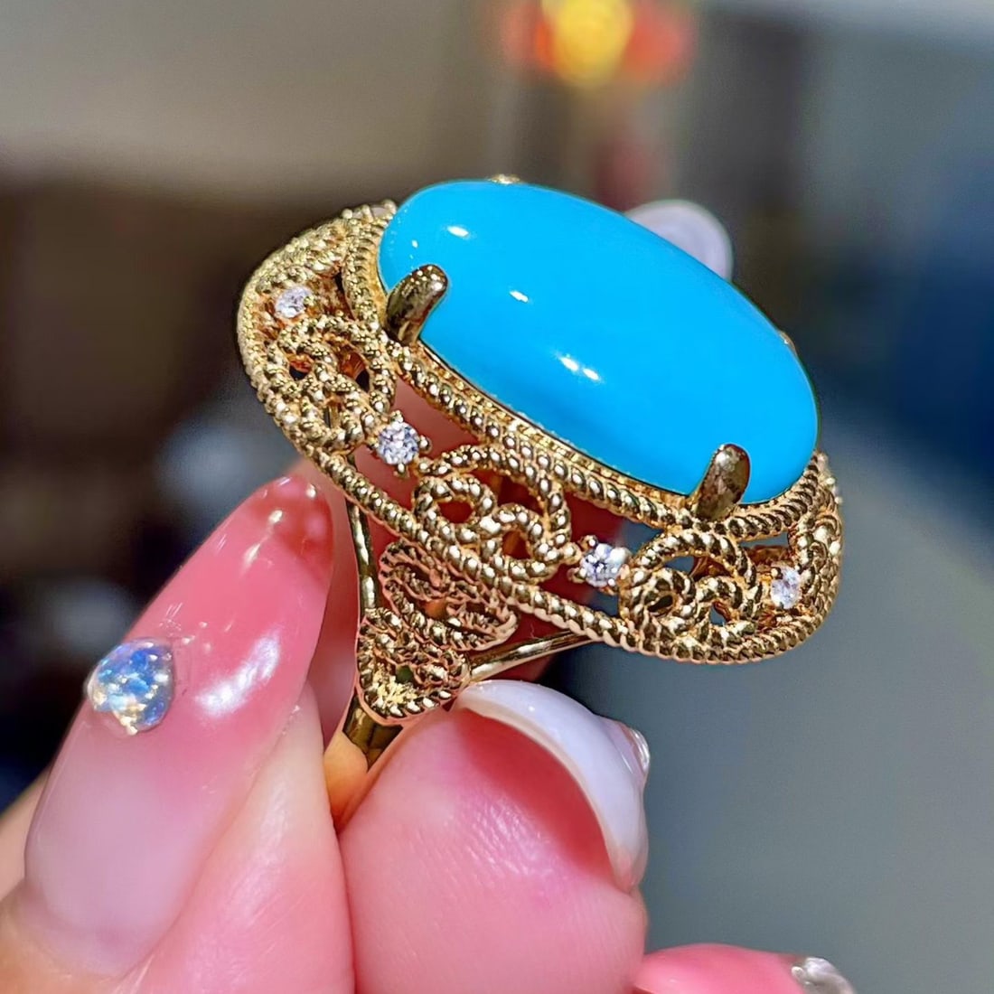 14k Gold 8.22 Ctw Natural Blue Turquoise & Diamond Ring - 3