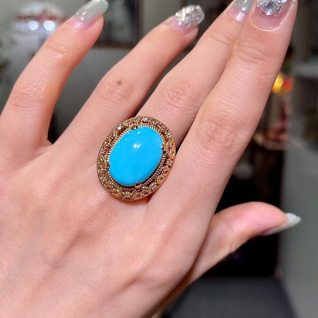 14k Gold 8.22 Ctw Natural Blue Turquoise & Diamond Ring - 5