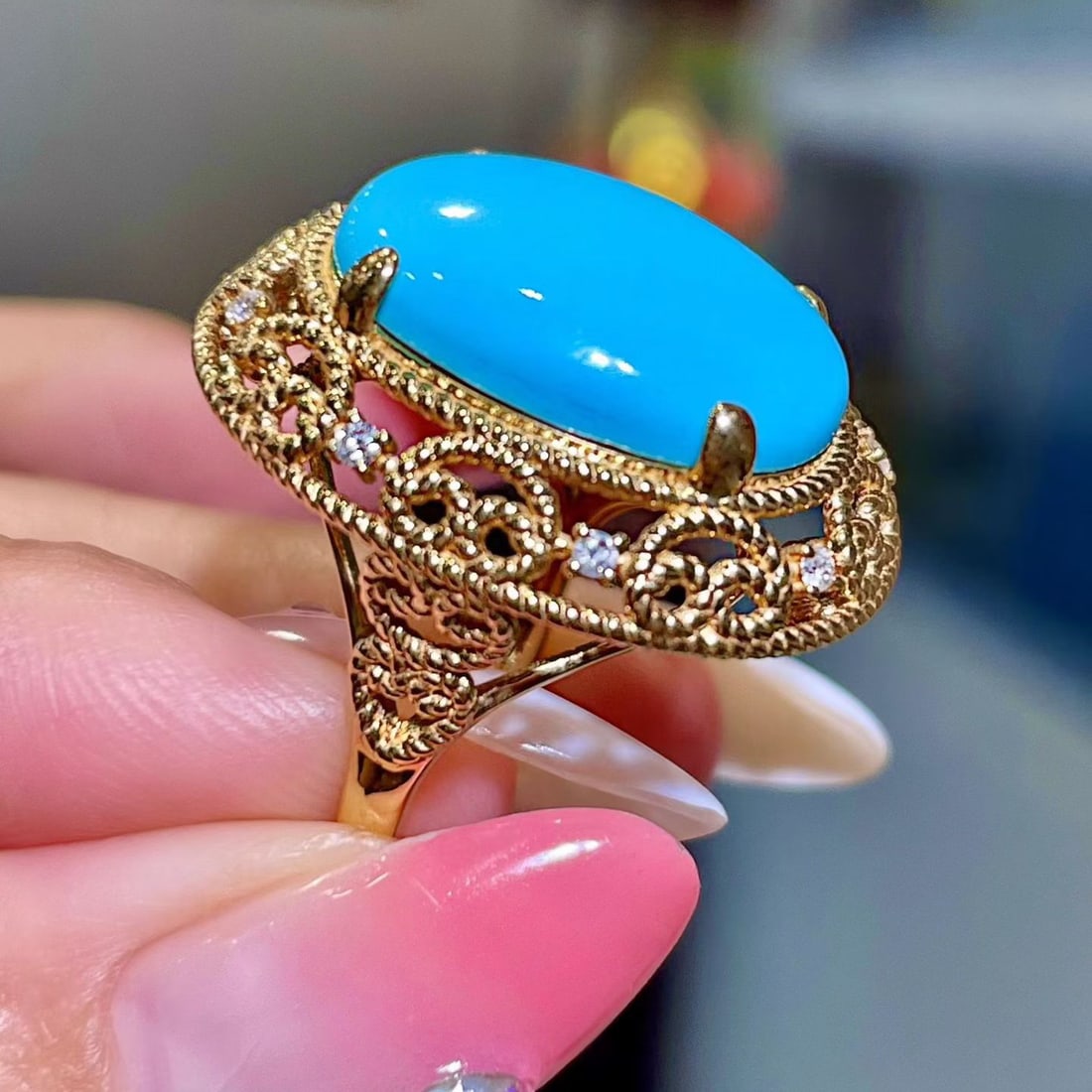 14k Gold 8.22 Ctw Natural Blue Turquoise & Diamond Ring - 6