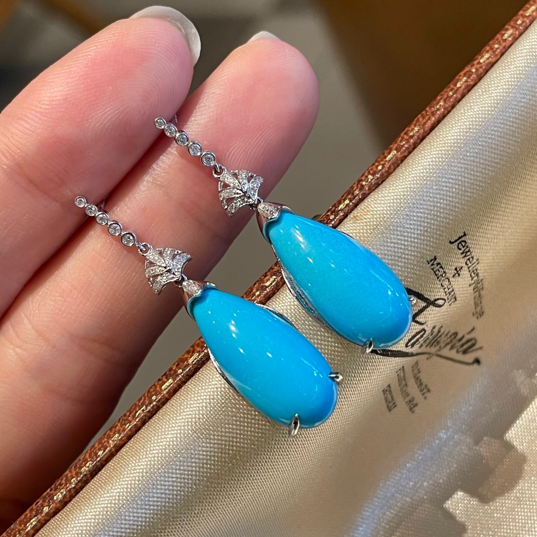 14k Gold 12.63 Ct Natural Blue Turquoise & Diamond Earrings - 2