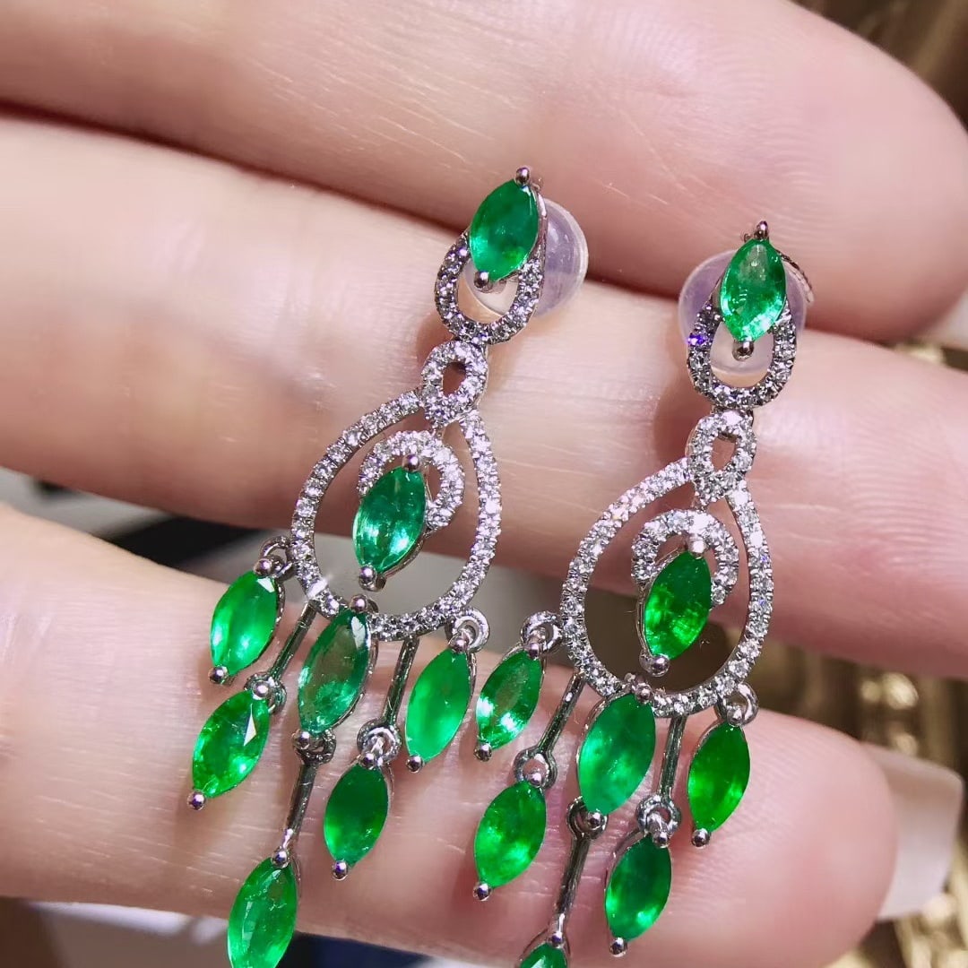 14k Gold 3.12 Ctw Natural Emerald & Diamond Earrings - 2