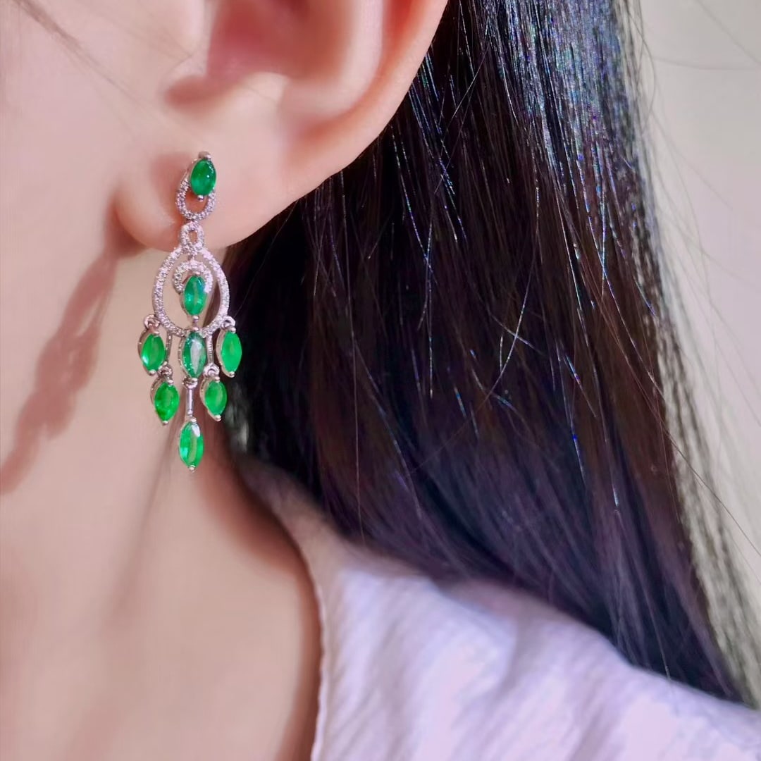 14k Gold 3.12 Ctw Natural Emerald & Diamond Earrings - 4