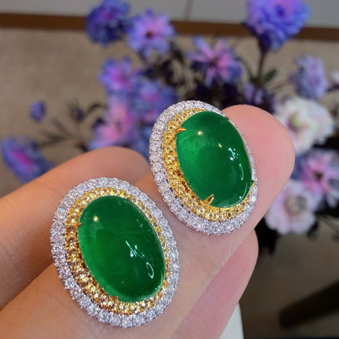 14k Gold 6.15 Ct Natural Emerald & Diamond Earrings - 3