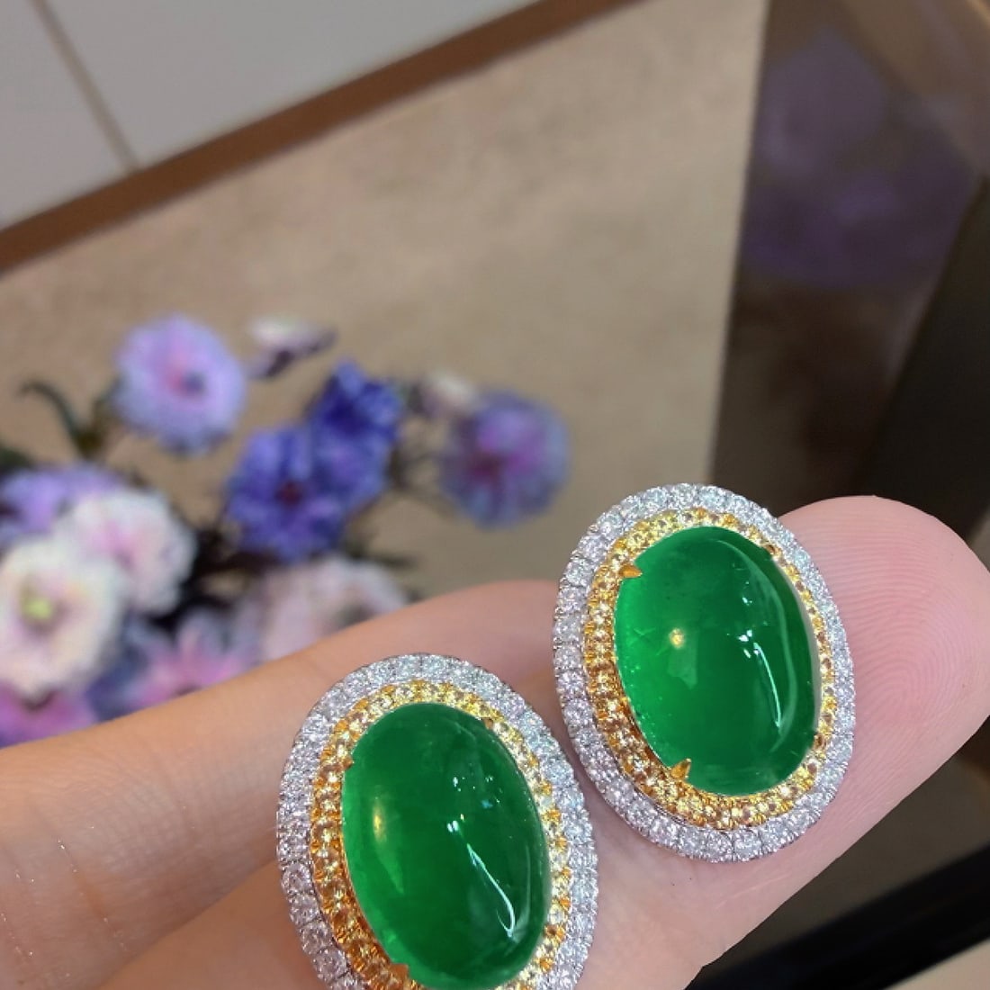 14k Gold 6.15 Ct Natural Emerald & Diamond Earrings - 4