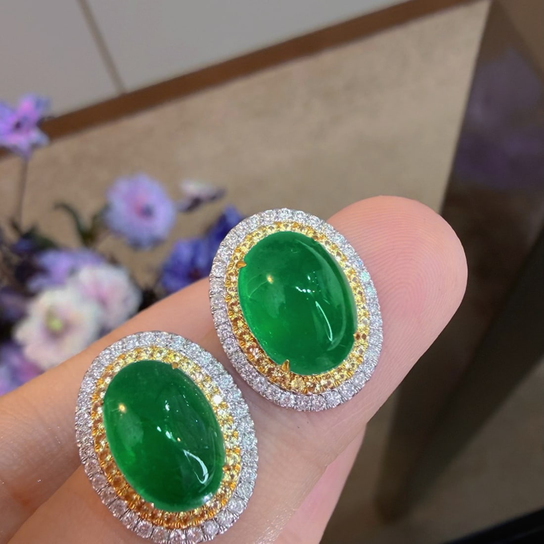 14k Gold 6.15 Ct Natural Emerald & Diamond Earrings - 5