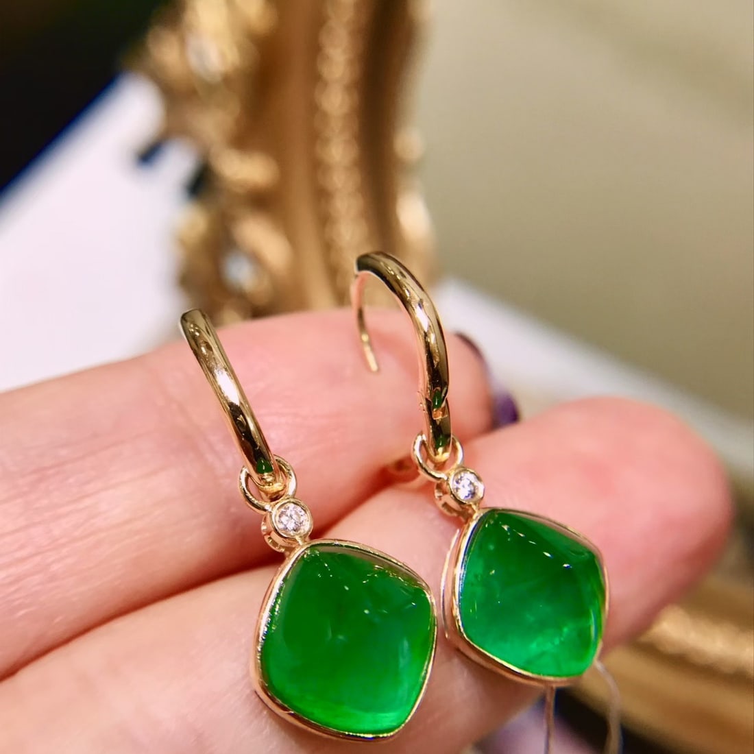 14k Gold 6 Ct Natural Emerald & Diamond Earrings - 2