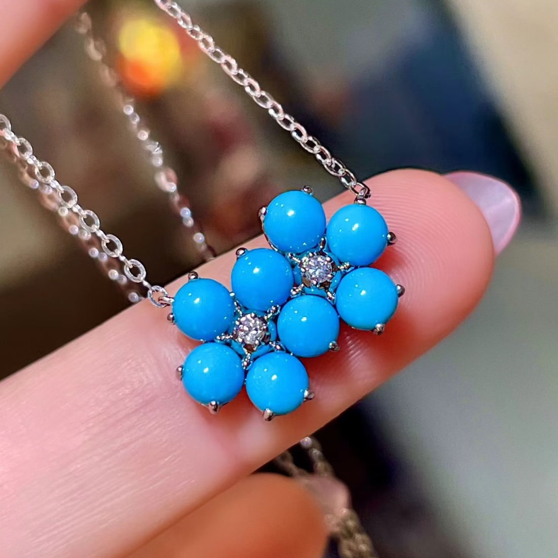 14k Gold 2.48 Ct Natural Blue Turquoise & Diamond Necklace - 2