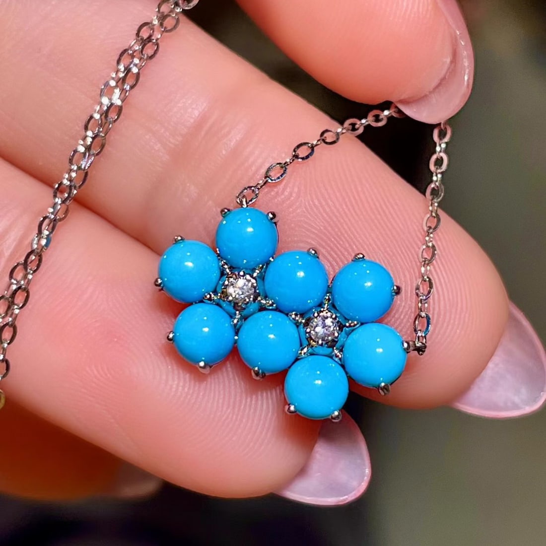 14k Gold 2.48 Ct Natural Blue Turquoise & Diamond Necklace - 3