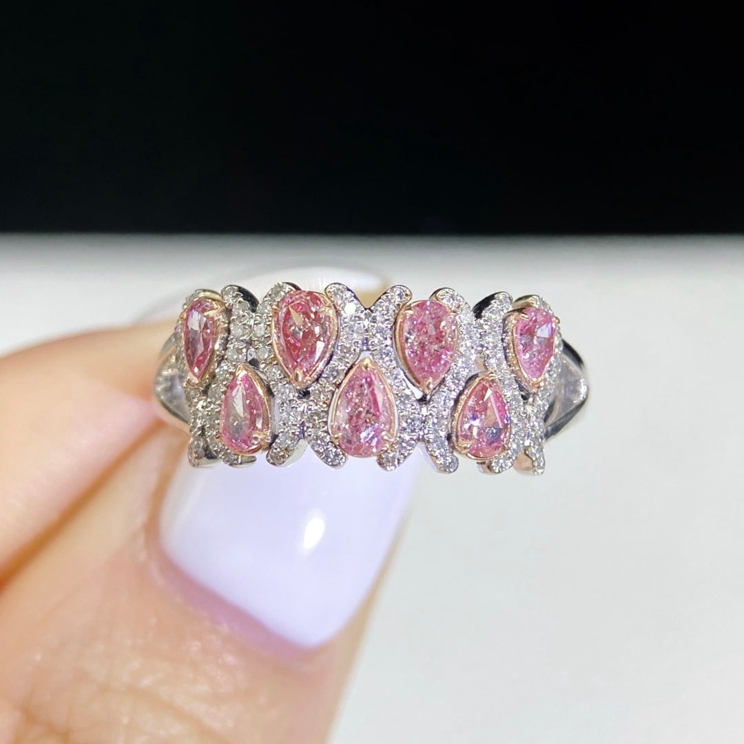 14k Gold 0.70 Ctw Natural Pink Diamond & Diamond Ring: Ref:231122417 // gold content:14k gold // ring size:7. 25us // // main gemstone:pink diamond // shape:pear // carat weight:0. 52ct // color:pink // treatment:natural // // adjacent gemstone 2 : diamon