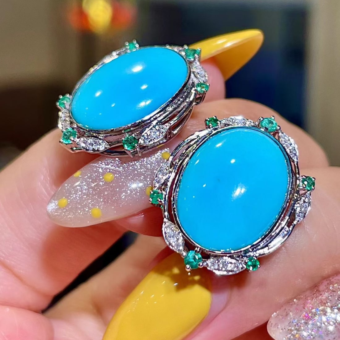 14k Gold 9.37 Ctw Natural Blue Turquoise & Emerald Earrings - 2