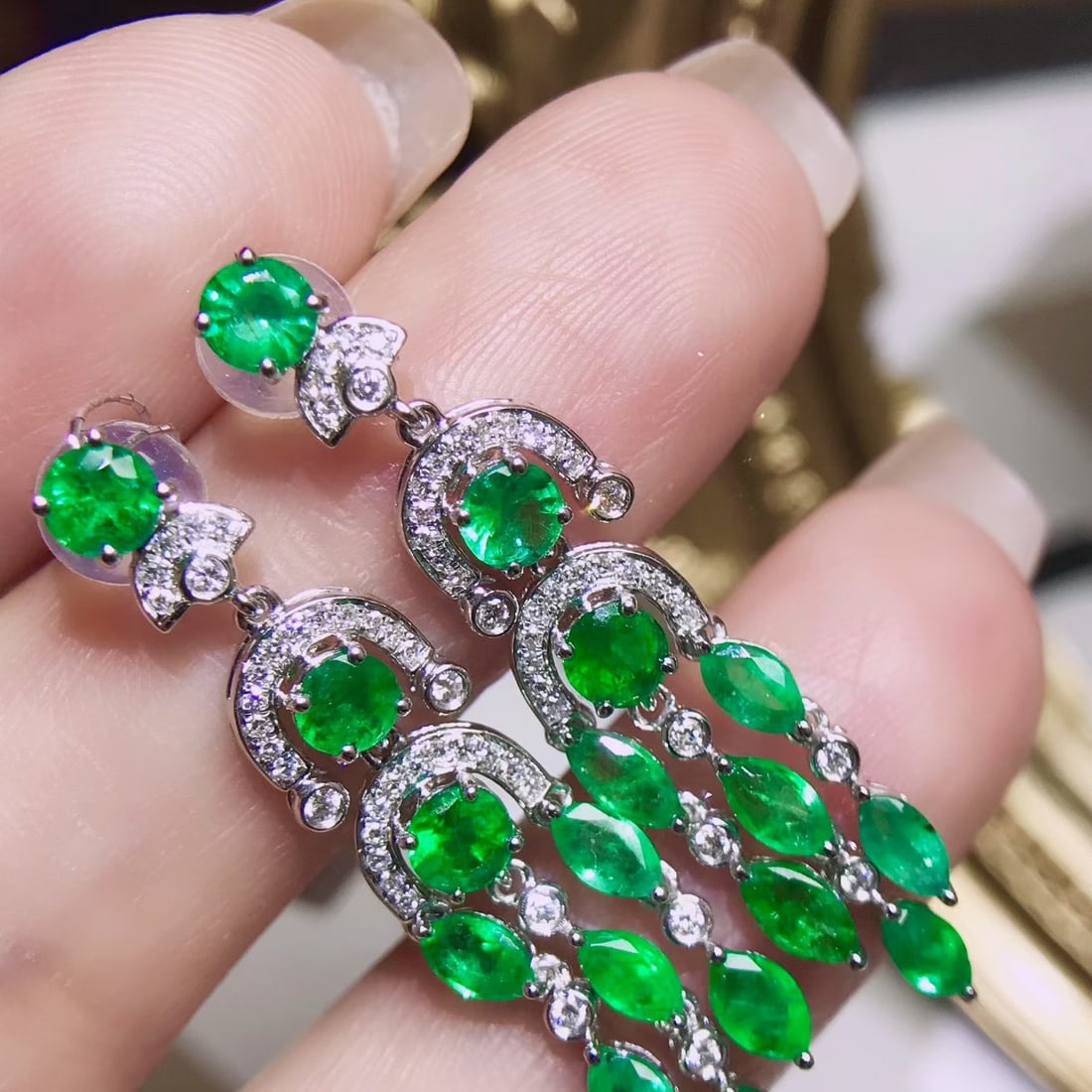 14k Gold 3.51 Ctw Natural Emerald & Diamond Earrings - 2