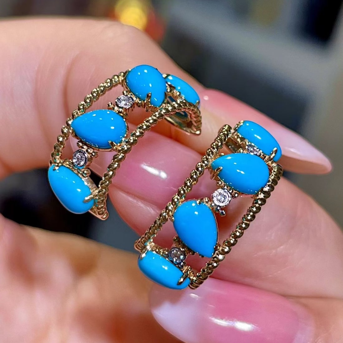 14k Gold 3.30 Ctw Natural Blue Turquoise & Diamond Earrings - 3