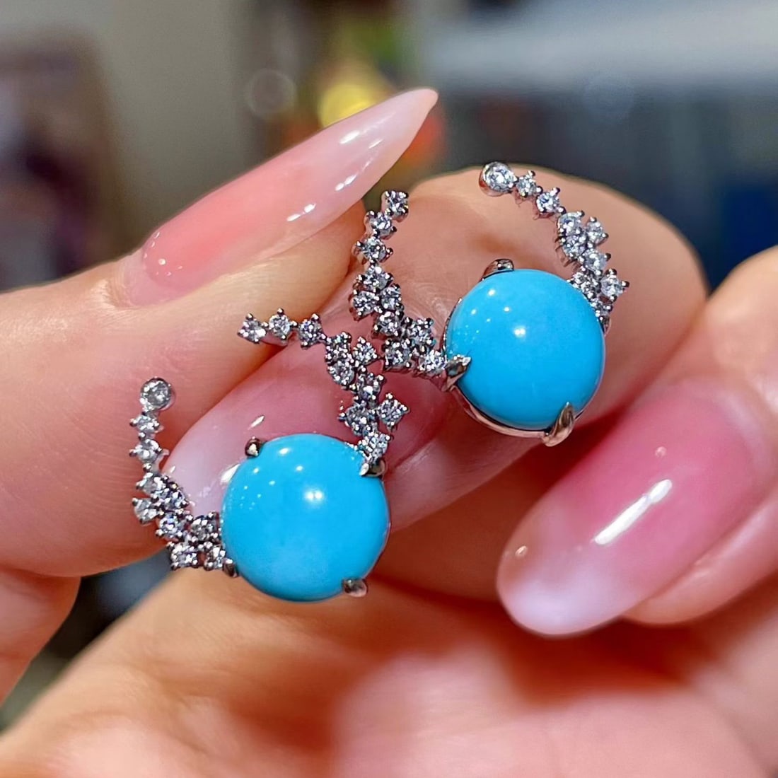 14k Gold 3.88 Ctw Natural Blue Turquoise & Diamond Earrings - 2