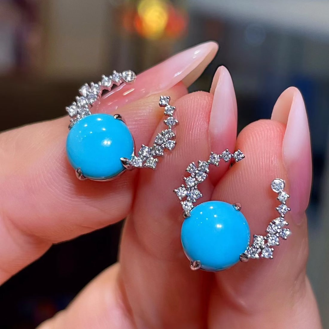 14k Gold 3.88 Ctw Natural Blue Turquoise & Diamond Earrings - 3