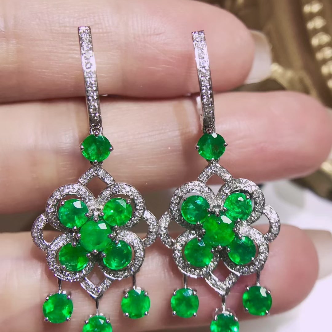14k Gold 4.85 Ctw Vivid Green Natural Emerald & Diamond Earrings - 2