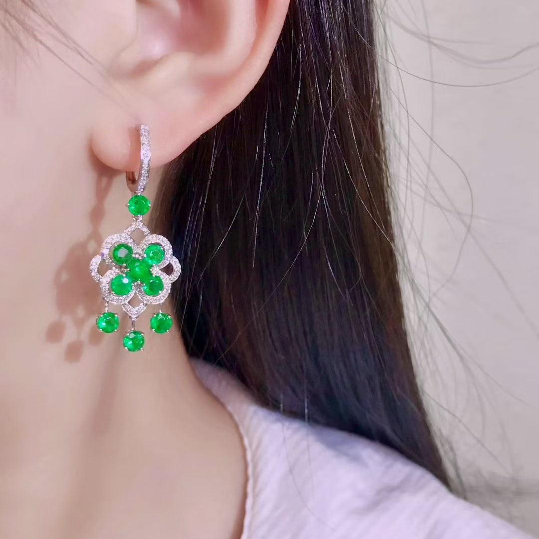 14k Gold 4.85 Ctw Vivid Green Natural Emerald & Diamond Earrings - 4