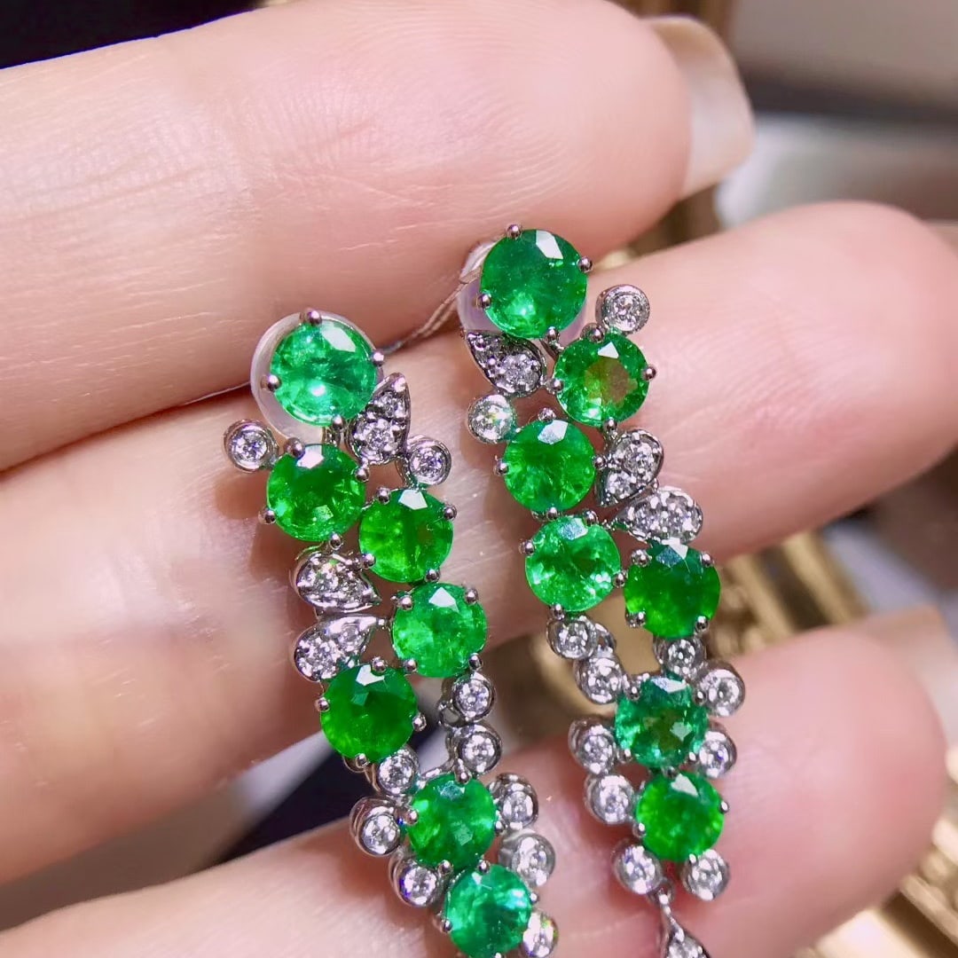 14k Gold 3.94 Ctw Vivid Green Natural Emerald & Diamond Earrings - 2