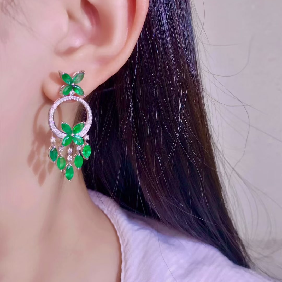 14k Gold 6.25 Ctw Vivid Green Natural Emerald & Diamond Earrings - 2