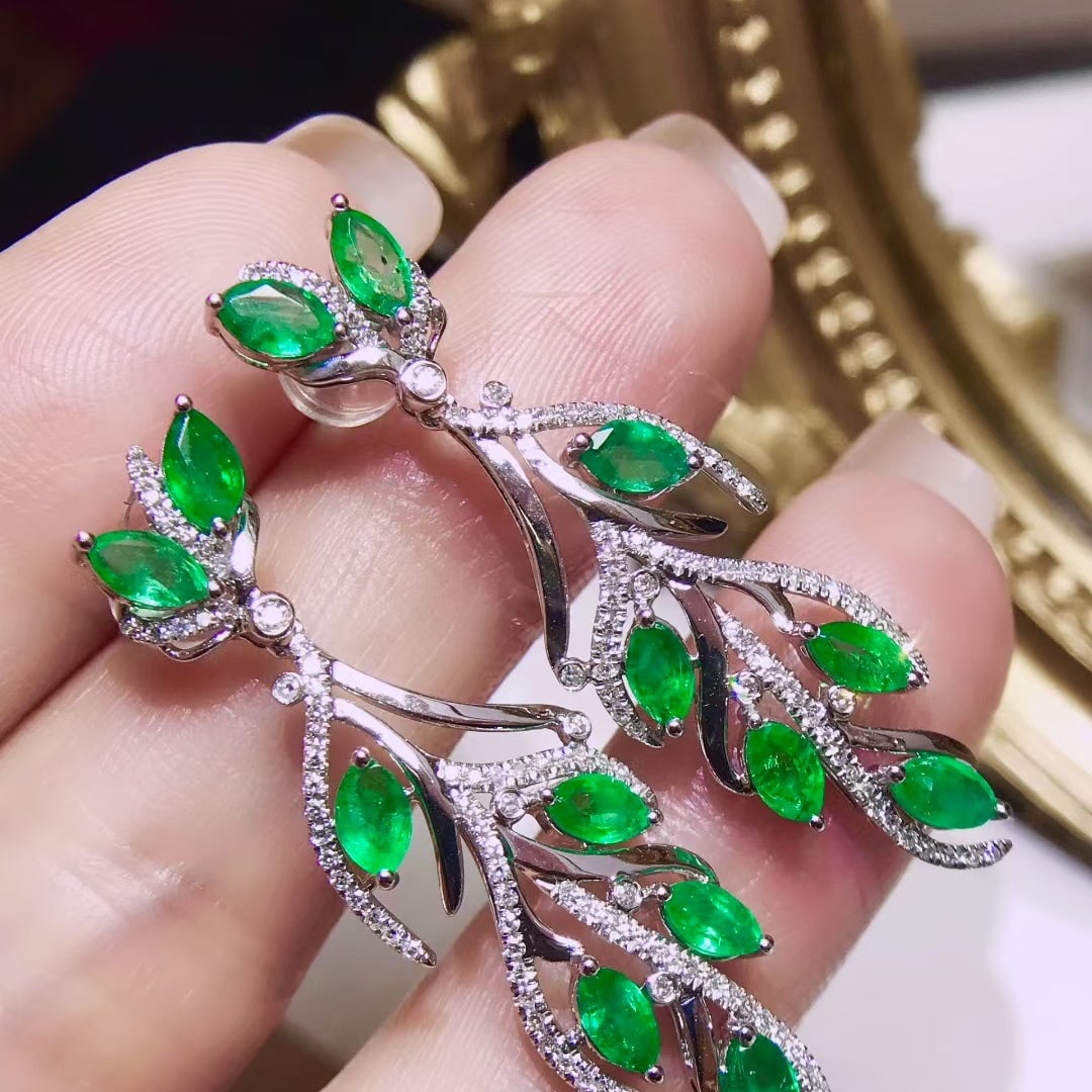 14k Gold 3.28 Ctw Natural Emerald & Diamond Earrings - 2