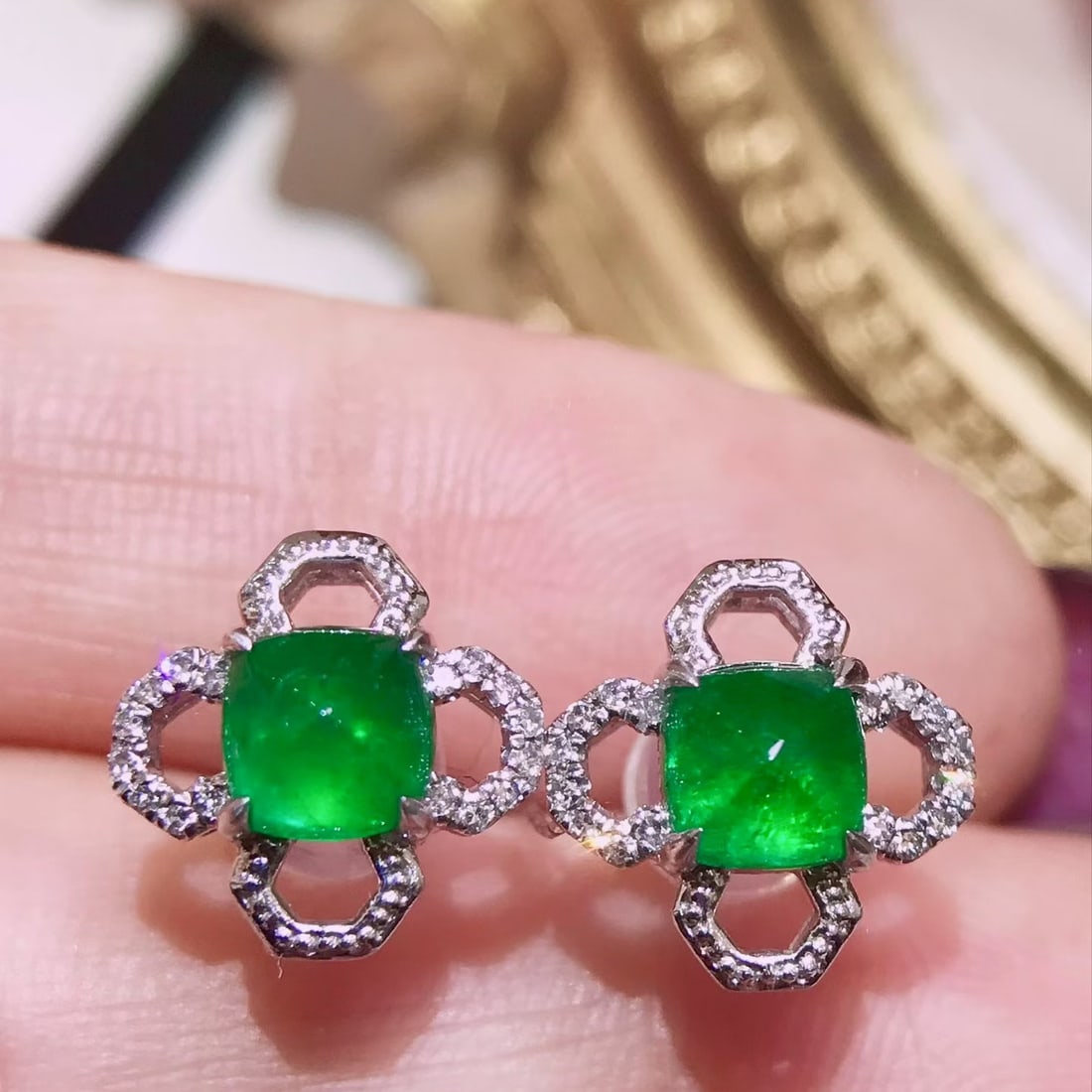 14k Gold 1.3 Ct Natural Emerald & Diamond Earrings - 2