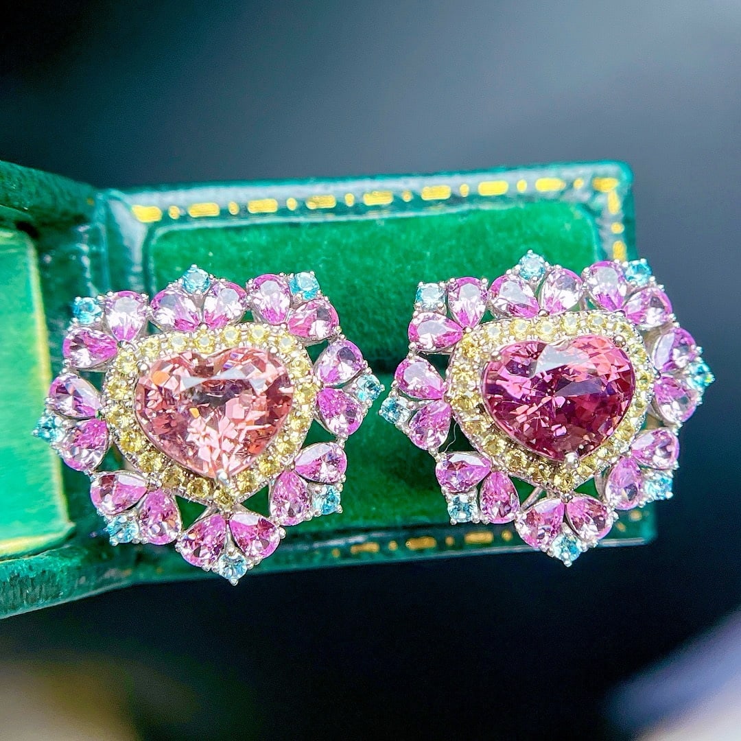 14k Gold 7.38 Ctw Natural Spinel & Gem Earrings: Ref:230959051 // gold content:14k gold // main gemstone:spinel // shape:heart // carat weight:3. 78ct // color:pink // treatment:natural // // adjacent gemstone 2 : gem // shape:multiply // carat weig