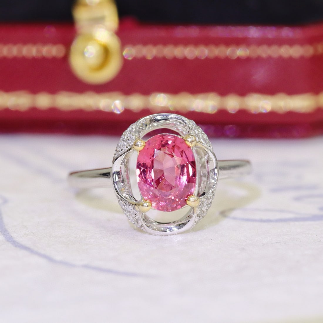 14k Gold 1.16 Ctw Natural Spinel & Diamond Ring: Ref:230979133 // gold content:14k gold // ring size:7. 25us // // main gemstone:spinel // shape:oval // carat weight:1. 08ct // color:red // treatment:natural // cut grade:g // // adjacent gemstone 2